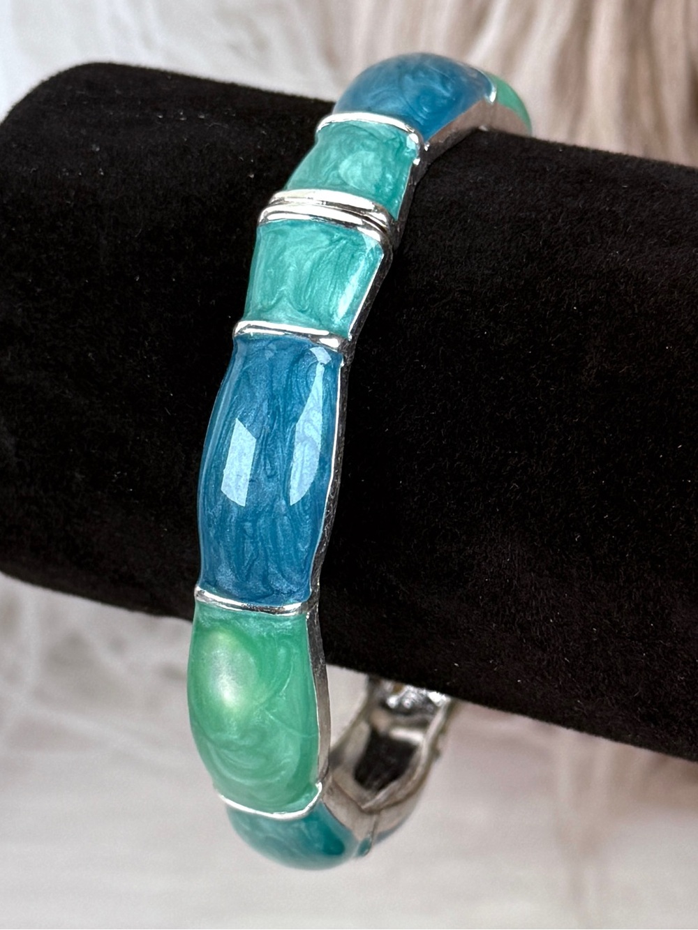 Blue Green Hinged Weighted Bangle Silver Tone Statement Bracelet